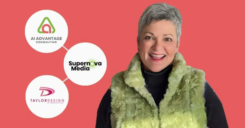 A photo of Nancy Bain with 3 logos representing 3x founder