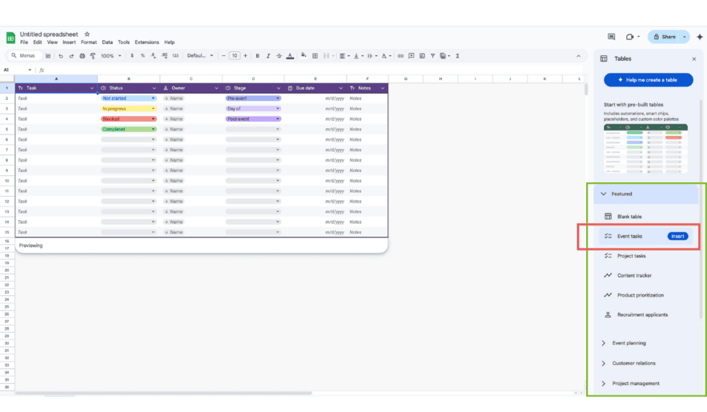 Google Sheets Table Templates