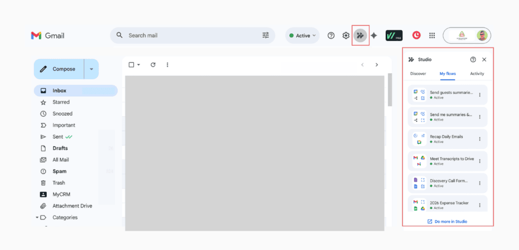 A screenshot showing how to access Workspace Studio in the side bar of Gmail.