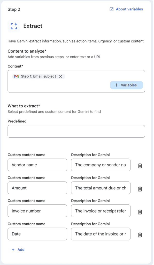 Google Workspace Studio Extract step showing Gemini custom extraction fields for Vendor Name Amount Invoice Number and Date