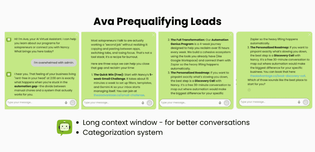 AI Advantage Consulting chatbot qualifying leads using a categorization system - conversation