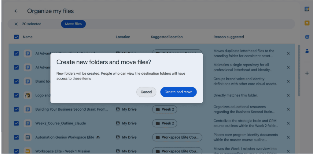 Google Drive confirmation popup asking Create new folders and move files? with Cancel and Create and move buttons