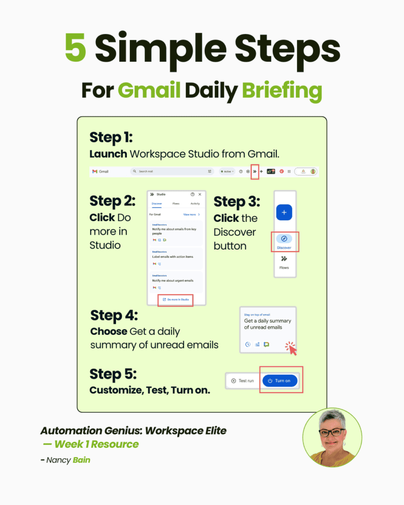 Step by step instructions to create a daily Gmail briefing in Workspace Studio.