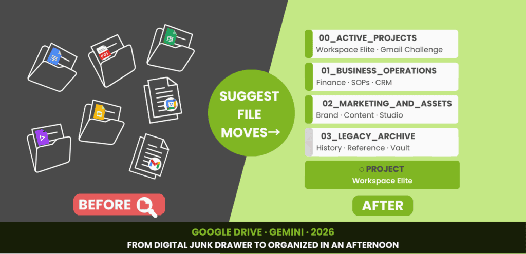 Split graphic showing a before and after comparison of Google Drive organization. Left side shows chaotic scattered files on a warm background labelled Before in coral. Centre shows a green Suggest file moves button as the turning point. Right side shows a clean Bento Box folder structure on a light green background with four labelled folders and a Workspace Elite project pill, labelled After in green. Blog title overlaid on a dark bottom bar reads: From Digital Junk Drawer to Organized in an Afternoon.
