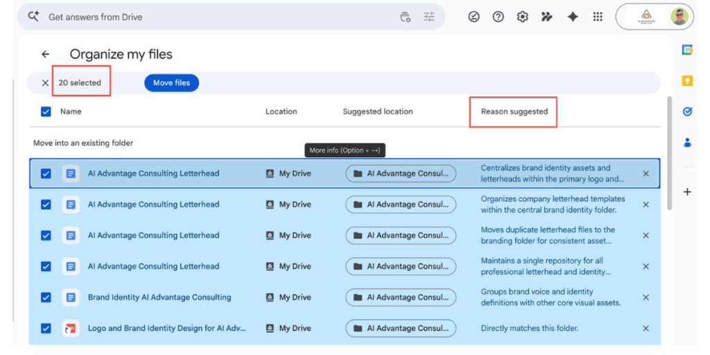 Gemini Organize my files interface showing 20 files selected with Name, Location, Suggested Location, and Reason Suggested columns — AI Advantage Consulting files being sorted into branded folders