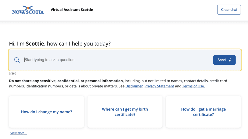A screenshot of the Nova Scotia government website showing virtual assistant and chatbot Scottie.