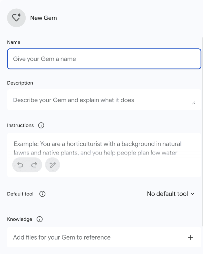 A screenshot showing the builder interface inside the Gem Manager for Gemini
