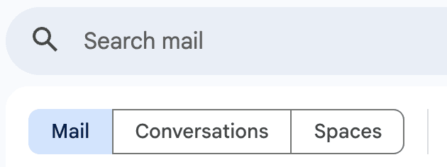 A screenshot showing the search bar in Gmail with Mail, Conversations and Spaces filters.