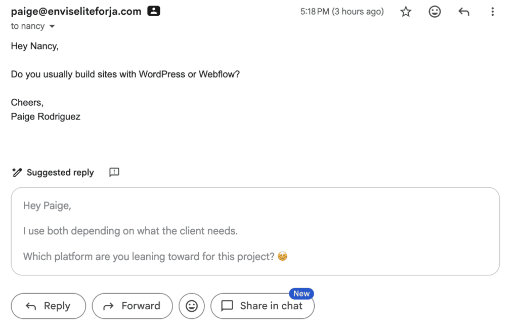 A screenshot showing suggested replies in gmail.