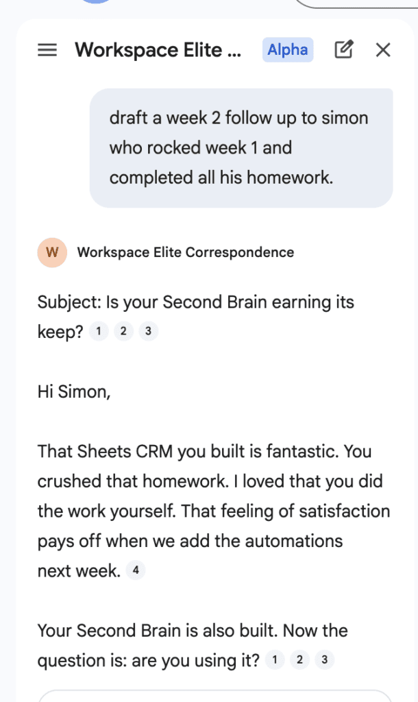 a screenshot showing a response from a gem in the gmail side panel