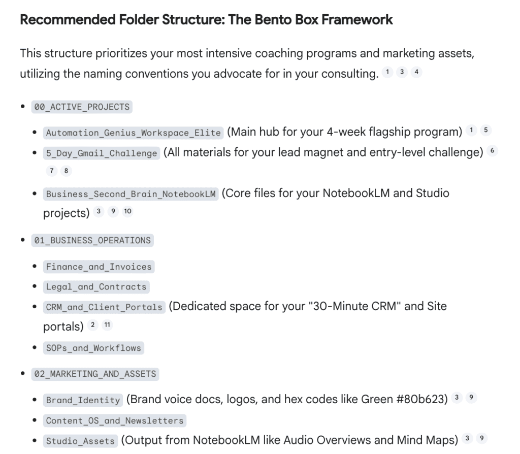 Gemini in Google Drive returning a custom Bento Box folder structure for AI Advantage Consulting — showing 00_Active_Projects, 01_Business_Operations, and 02_Marketing_and_Assets folders with subfolders named after my actual programs, clients, and tools