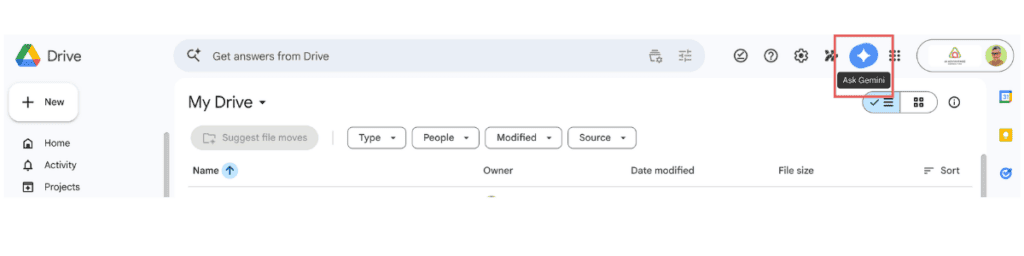 Google Drive My Drive view showing the Ask Gemini sparkle icon in the top right toolbar — click this to launch the full Gemini AI dashboard