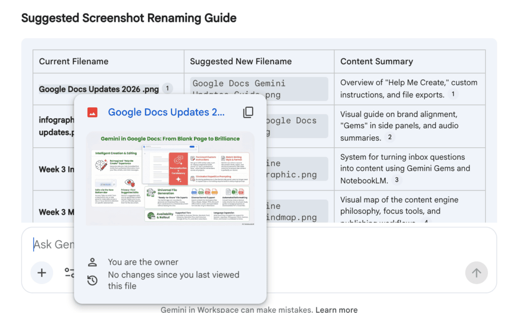 Gemini Suggested Screenshot Renaming Guide — a table showing Current Filename, Suggested New Filename, and Content Summary for generic screenshots, with a hover preview of the Google Docs Updates 2026 infographic visible