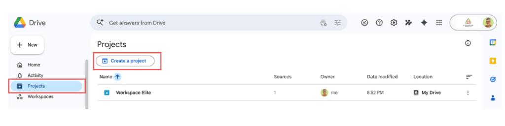 Google Drive left sidebar showing the Projects option selected with the Create a project button visible — the entry point for creating a new project directly from My Drive without going through the Gemini dashboard.