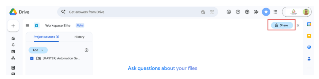 Google Drive Workspace Elite Alpha project open in the Gemini dashboard — showing the Share button replacing the Save as a project button, with one project source listed and the Ask Gemini prompt bar ready.