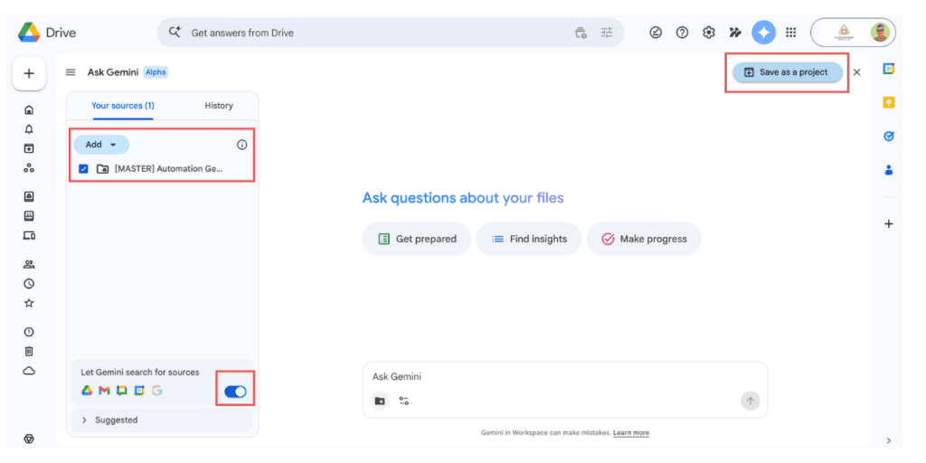 Gemini Ask Gemini Alpha dashboard showing one source added — the Master Automation Genius folder — with the Save as a project button highlighted in the top right and Let Gemini search for sources toggle turned on.