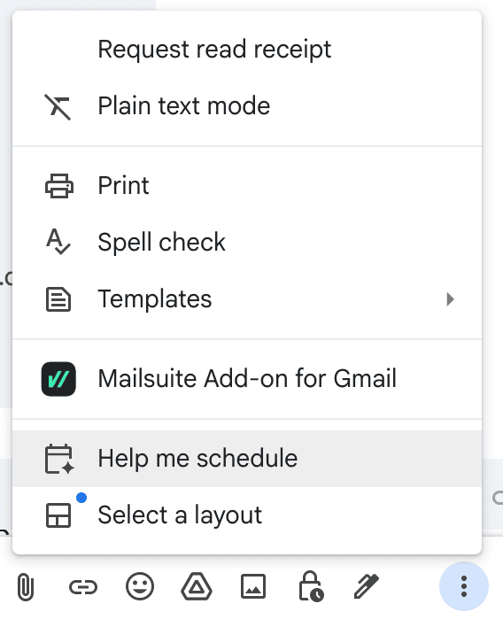 A screenshot showing were to locate the help me schedule feature in Gmail.