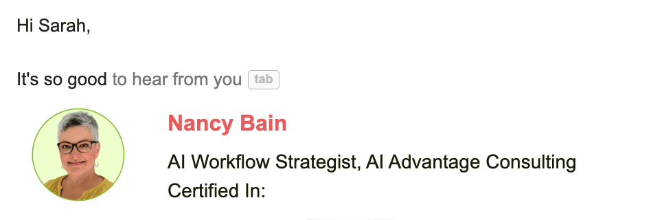 A screenshot show smart compose features in gmail.