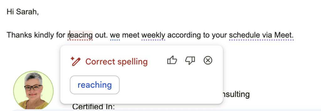 A screenshot showing how to correct spelling in gmail.