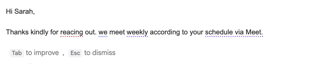 A screenshot showing the proofreading functions with gemini in gmail.