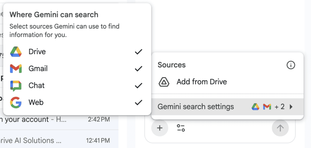 A screenshot showing where gemini can search in gmail.