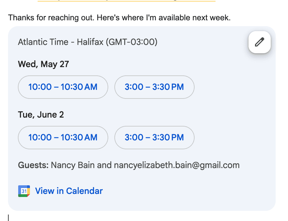 A screenshot showing the help me schedule feature in gmail.
