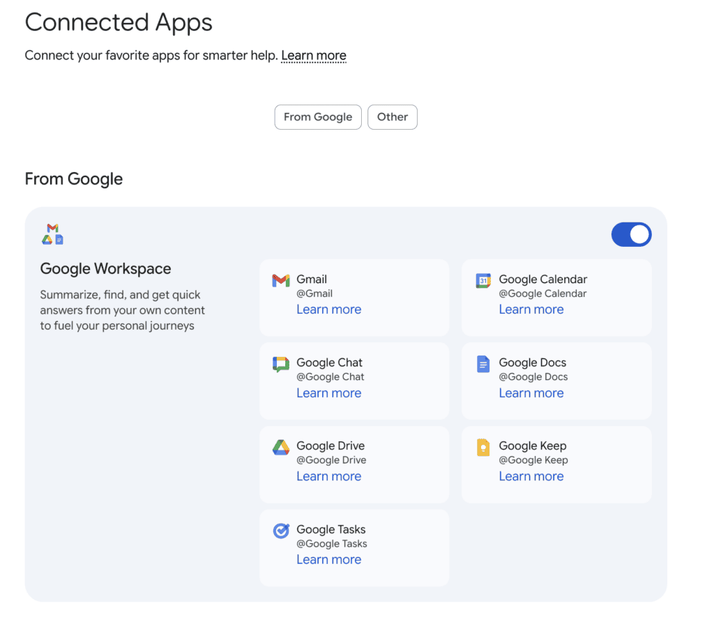 A screenshot showing how to connect your workspace apps in gemini.