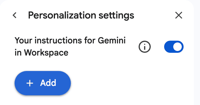 A screenshot showing the "add" button for personalization settings in Gemini.