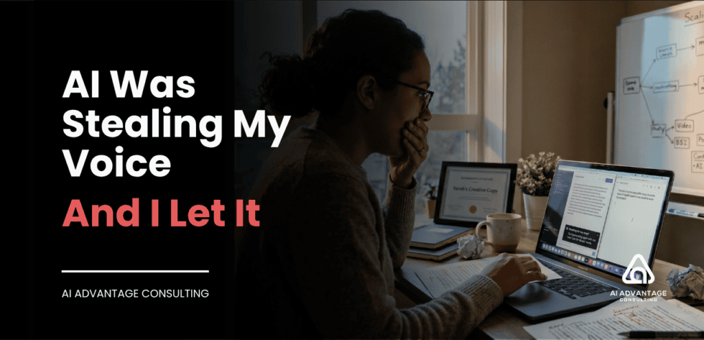 Solopreneur blogger reflecting on how AI writing tools silently eroded her authentic voice — AI Advantage Consulting