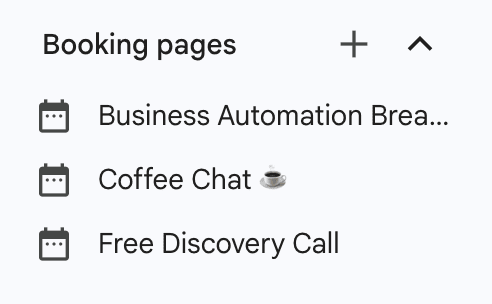 Google Calendar sidebar showing three booking pages: Business Automation Breakthrough, Coffee Chat, and Free Discovery Call
