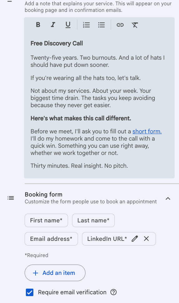 Booking page description field with formatted text and a hyperlink, above a booking form showing custom fields including LinkedIn URL