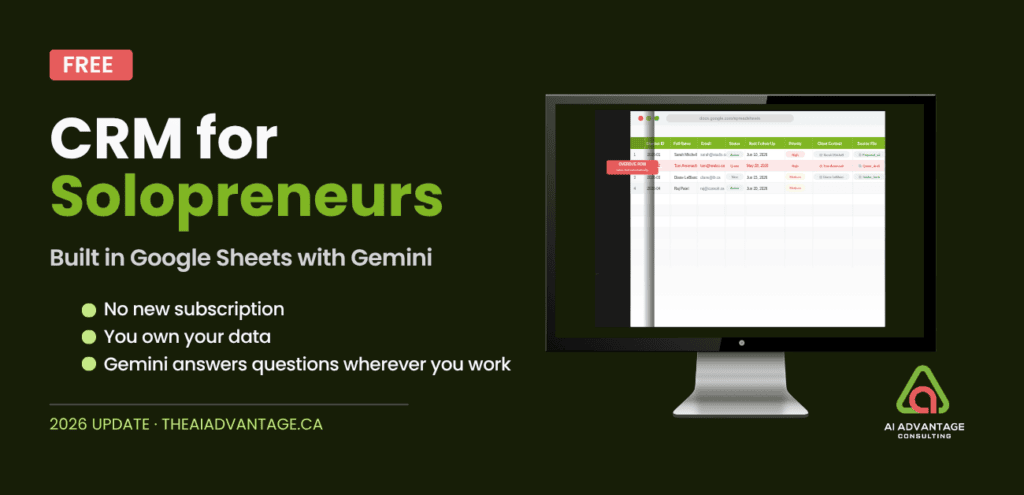 Free CRM for solopreneurs built in Google Sheets using Gemini AI — 18-column template with Smart Chips and automatic follow-up alerts