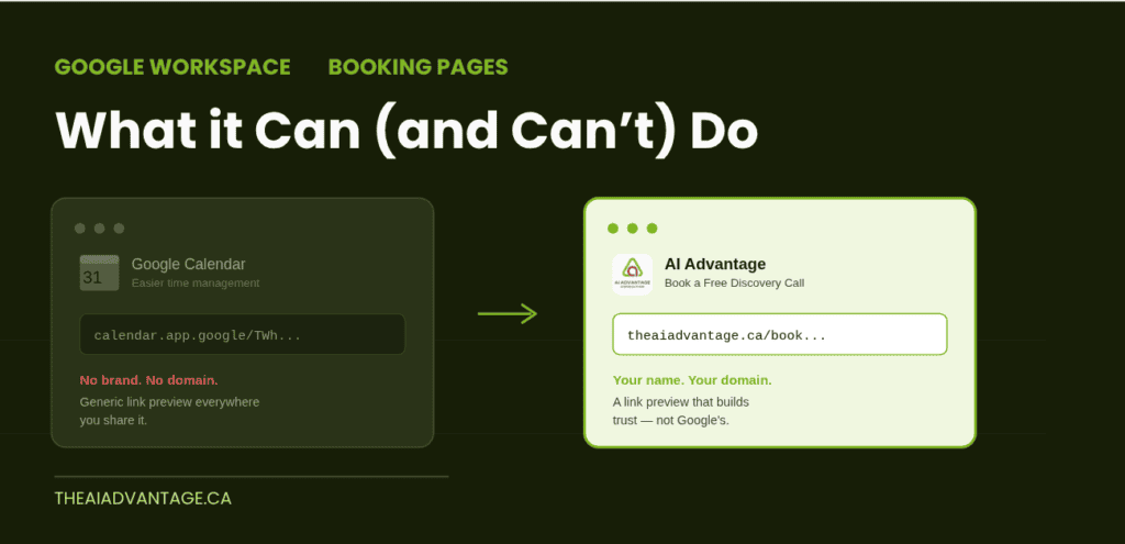 Featured image: side-by-side comparison showing a generic, unbranded Google Calendar booking link on the left and a branded theaiadvantage.ca booking link on the right, illustrating the post 'Google Calendar Booking Pages: What It Can (and Can't) Do for Solopreneurs'