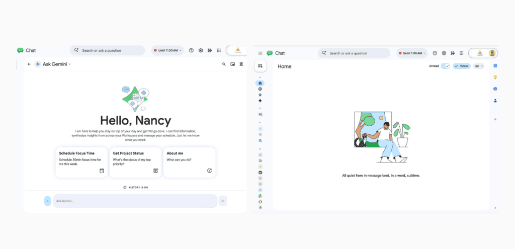 Two Google Chat views side by side: the Ask Gemini "Hello, Nancy" panel on the left, and the Home view showing "All quiet here in message land. In a word, sublime." on the right — demonstrating the distraction-free solopreneur setup inside Google Chat in 2026.