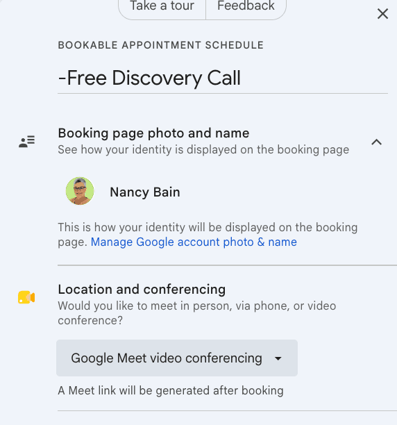 Google Booking Pages edit panel showing profile photo and name, with location set to Google Meet video conferencing