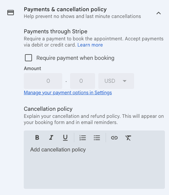 Google Booking Pages payment settings showing Stripe payment option and a cancellation policy text field