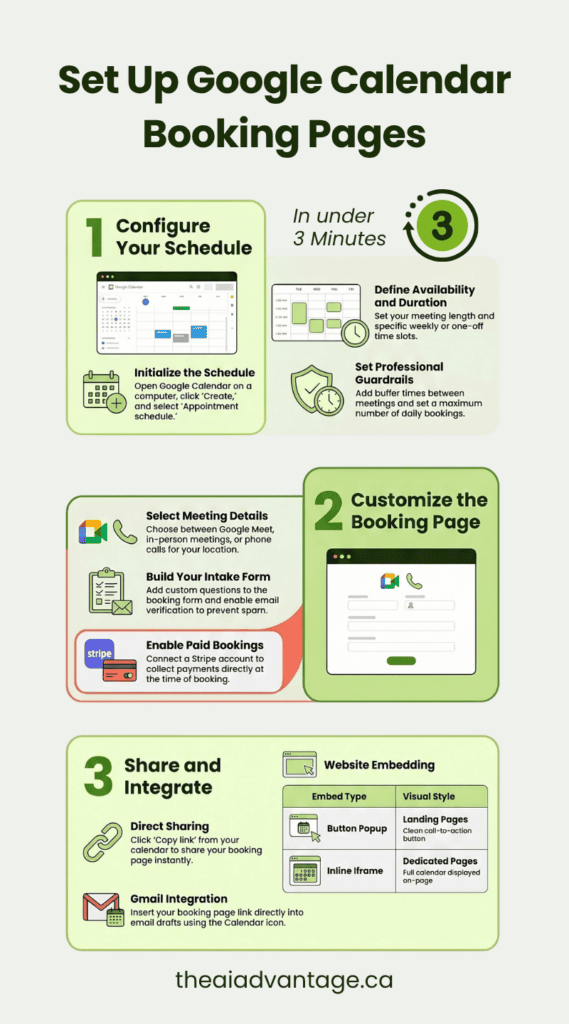 3-step infographic: configure your Google Calendar schedule, customize the booking page with Meet and Stripe options, then share via link, website embed, or Gmail.