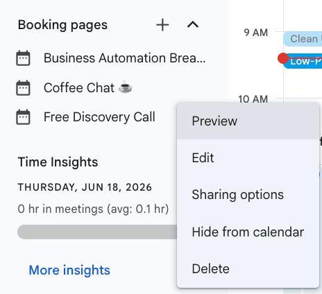 Right-click menu on a Google Calendar booking page showing Preview, Edit, Sharing options, Hide from calendar, and Delete