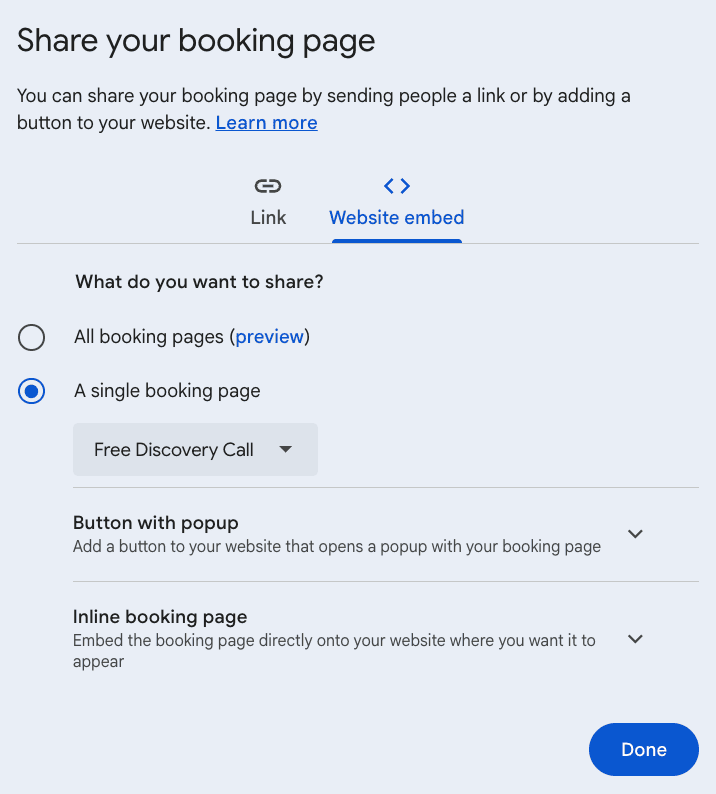 Google Booking Pages website embed options showing Button with popup and Inline booking page choices