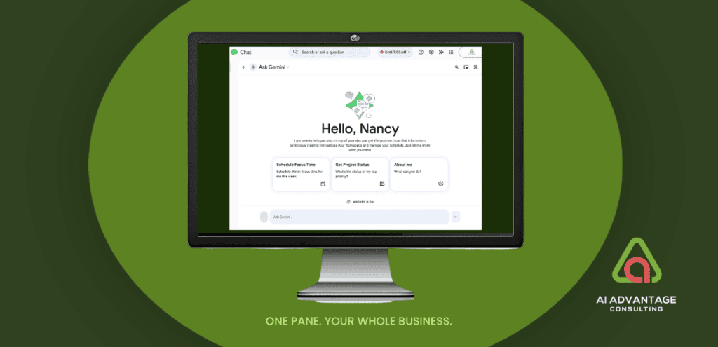 Google Chat Ask Gemini screen showing "Hello, Nancy" — AI Advantage Consulting's guide to using Google Chat as a solopreneur command centre in 2026