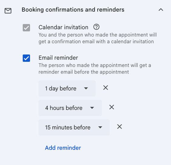 Booking confirmations and reminders settings showing calendar invitation and three email reminder times: 1 day, 4 hours, and 15 minutes before