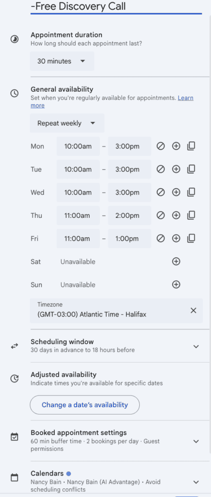 Google Booking Pages scheduling settings showing appointment duration, weekly availability, scheduling window, buffer time, and calendar conflict checking