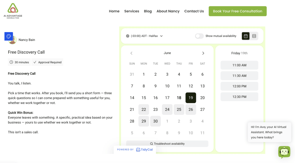 AI Advantage Consulting website showing an embedded TidyCal booking calendar for a Free Discovery Call