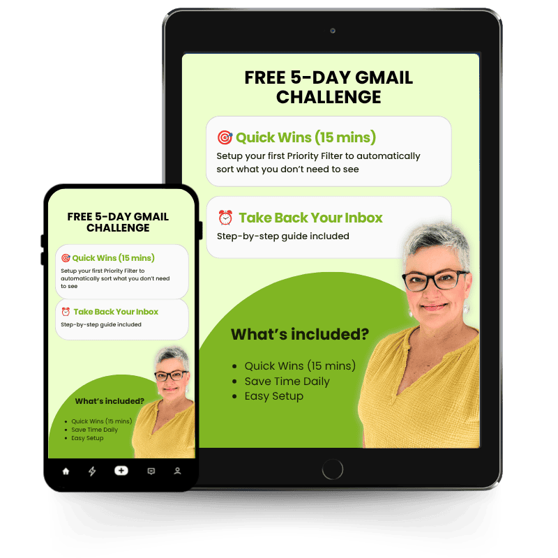 A tablet and phone showing benefits of the free 5 day gmail challenge