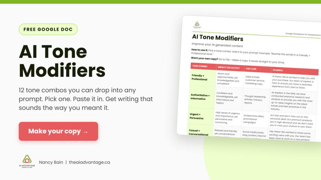 AI Tone Modifiers free Google Doc with 12 tone combos for AI prompts. Click to make your copy.