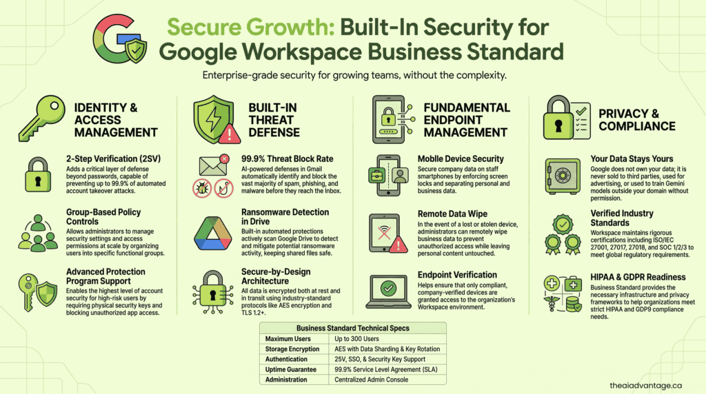 Infographic of Google Workspace Business Standard security: identity access, threat defense, endpoint management, and compliance