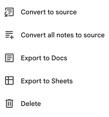 A screenshot showing options for Notes generated by Gemini Notebook in 2026