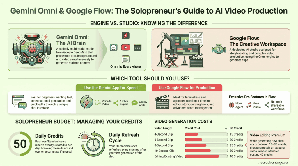Gemini Omni vs Google Flow infographic with Business Standard credit costs per video length