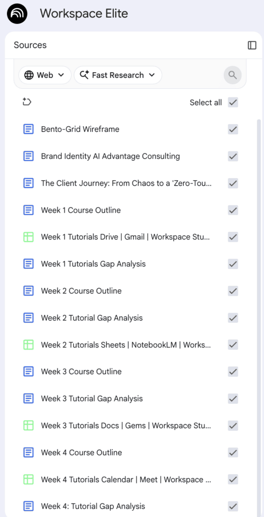 A screenshot showing the Gemini Notebook 2026 Sources pane