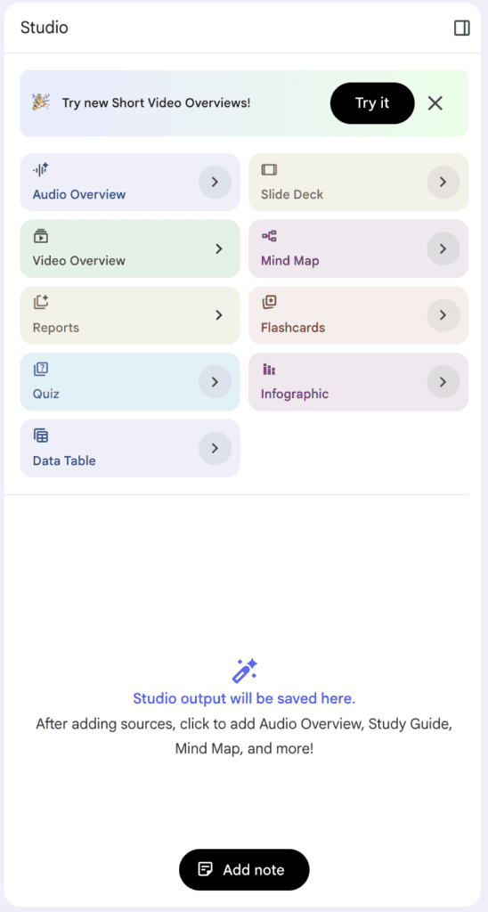 A screenshot showing the studio pane in Gemini Notebook 2026